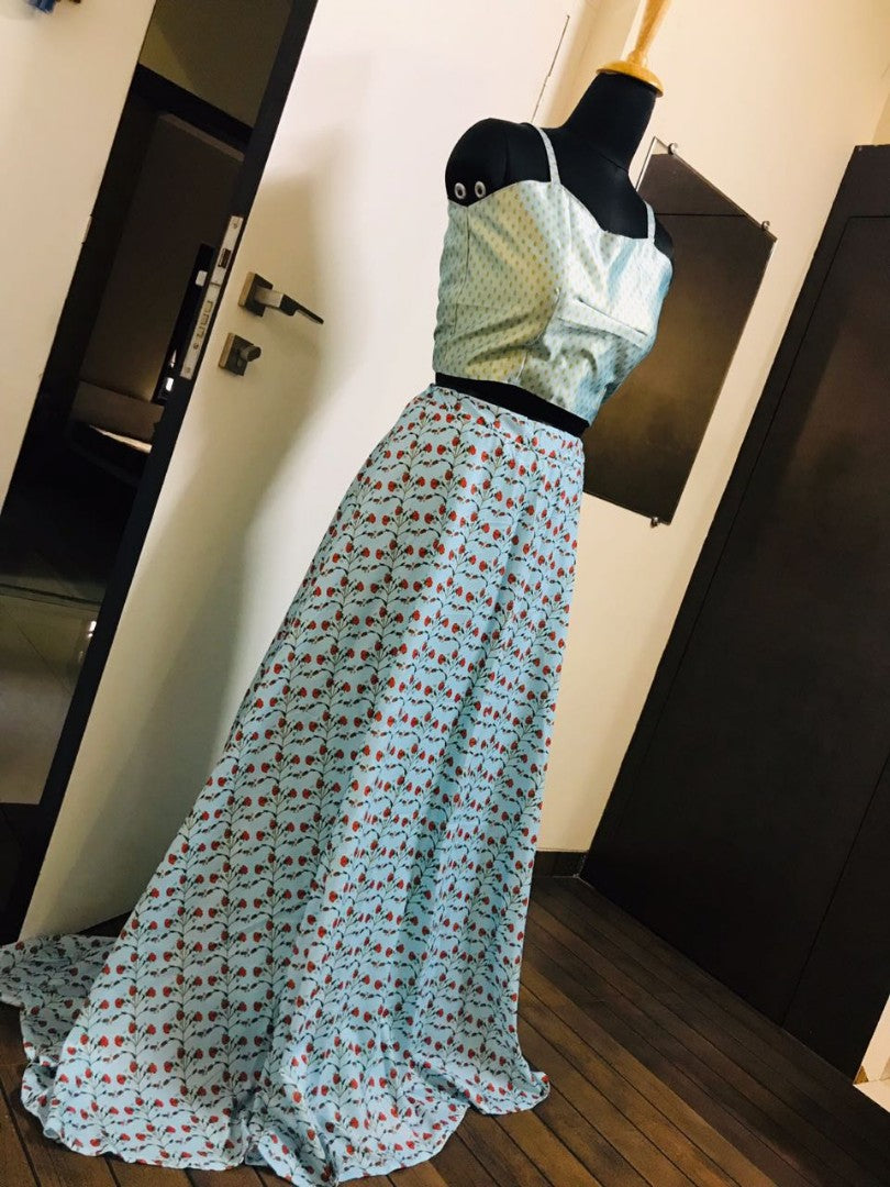 sky muslin silk digital printed bollywood style lehenga with koti