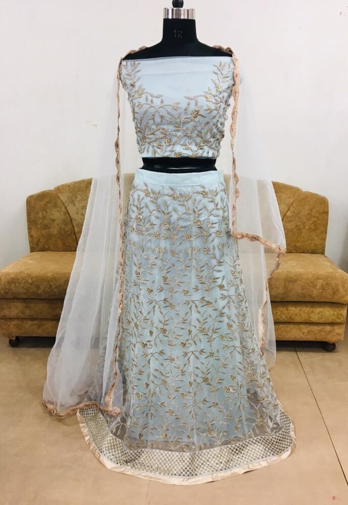 sky net embroidered partywear lehenga
