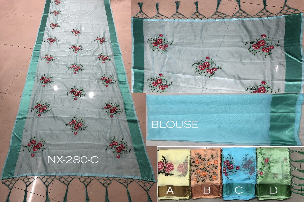 sky organza silk embroidered saree