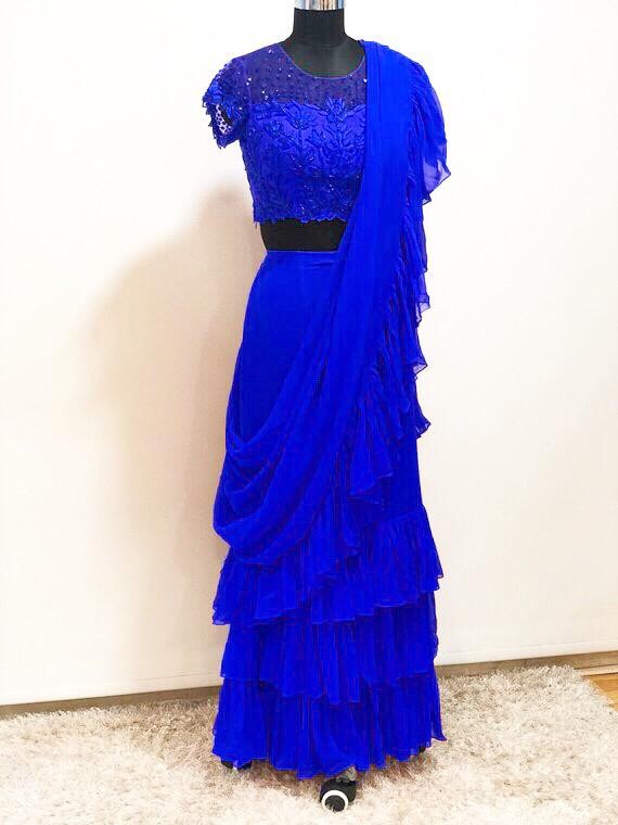 Blue Stylist partywear ruffle saree with net embroidered blouse