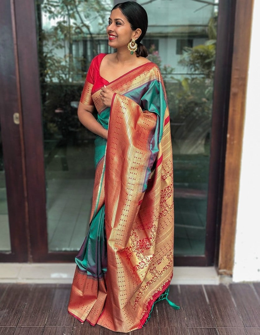 Teal green banarasi silk weaving work wedding saree