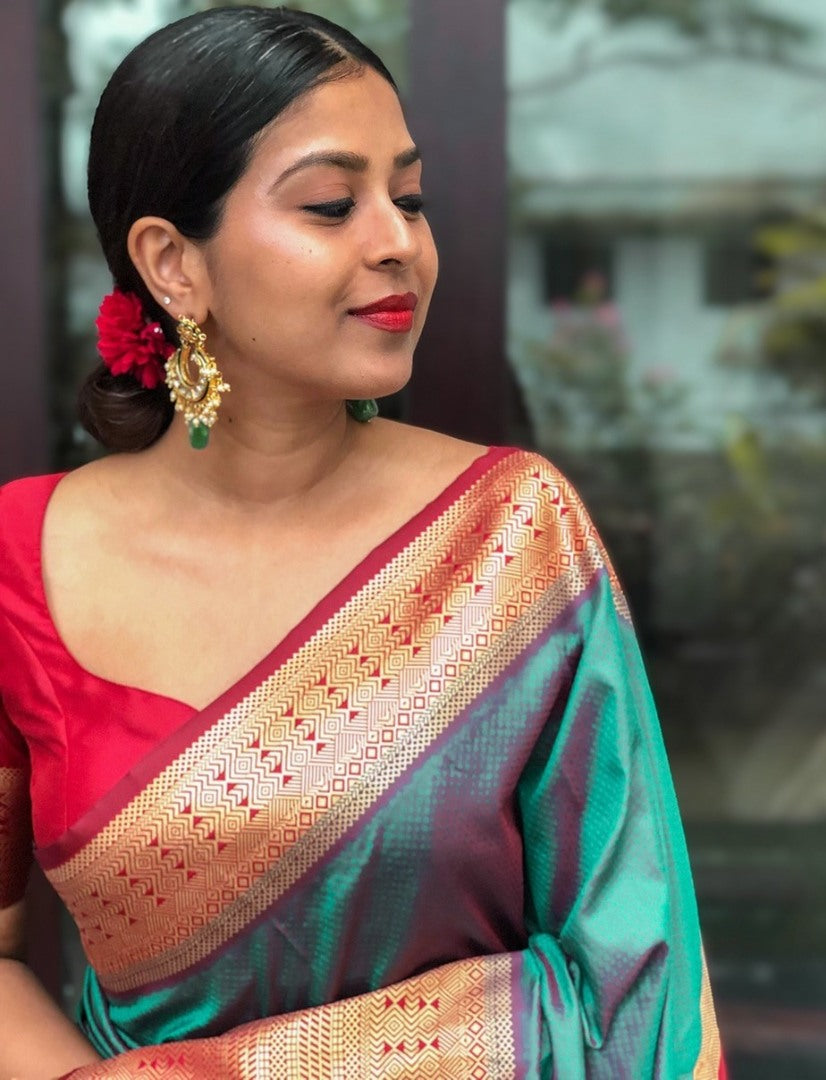 Teal green banarasi silk weaving work wedding saree