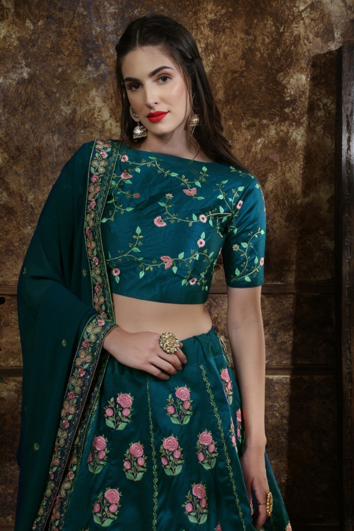 Teal green thai silk heavy designer embroidered wedding lehenga choli