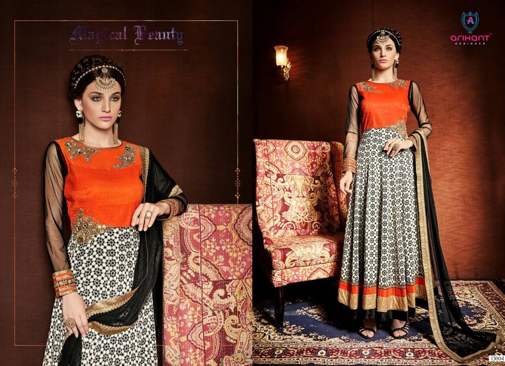 Trendy japan satin printed white and orange suit