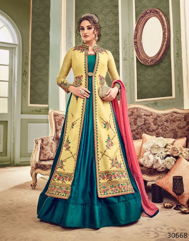 Turquoise & Yellow Colored Art Silk Resham & Jari Embroidery With Stone Work Semi Stitched anarkali suit