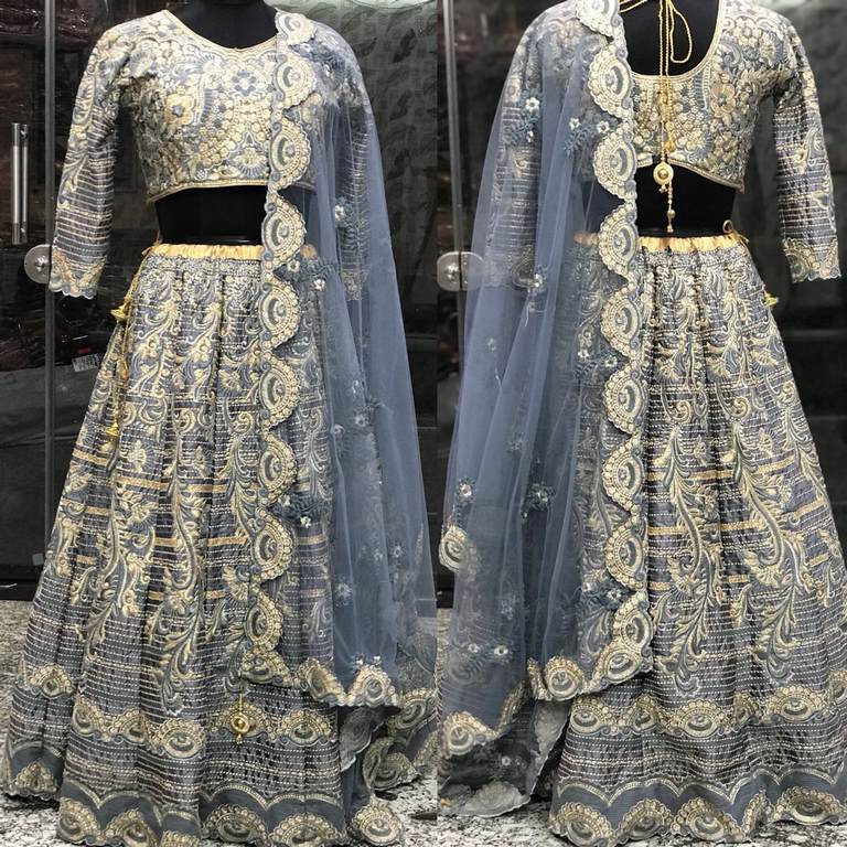 wedding grey malai satin heavy embroidered bridal lehenga