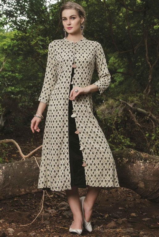 White & Black Colored Cotton Printed with Tassels Stitched Kurti