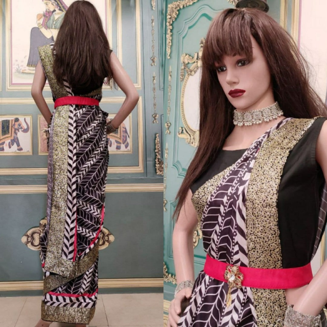White and black digital printed saree