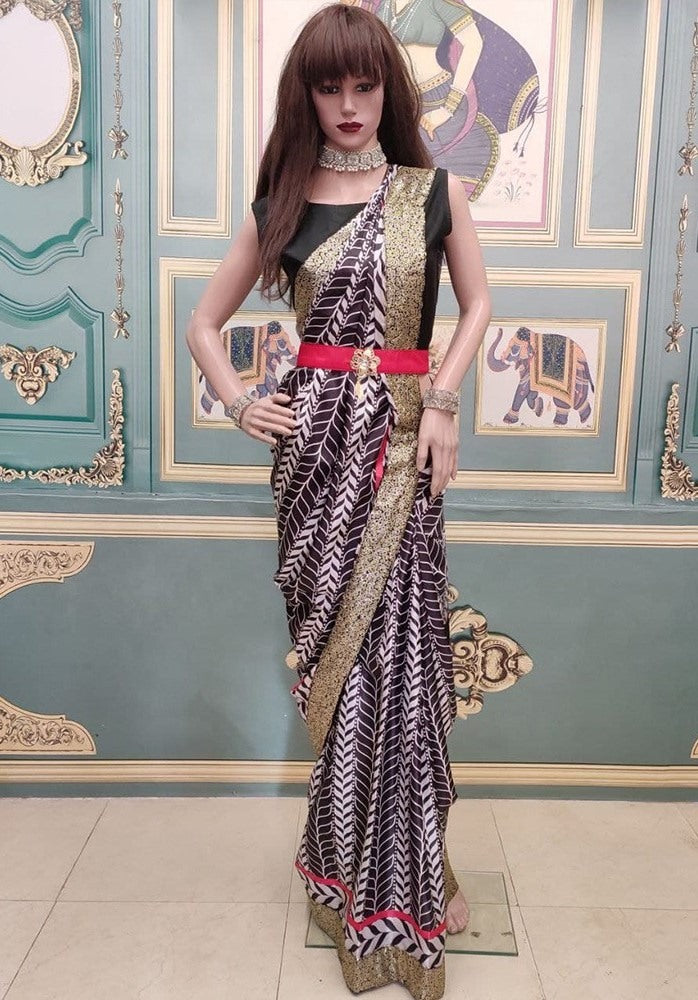 White and black digital printed saree