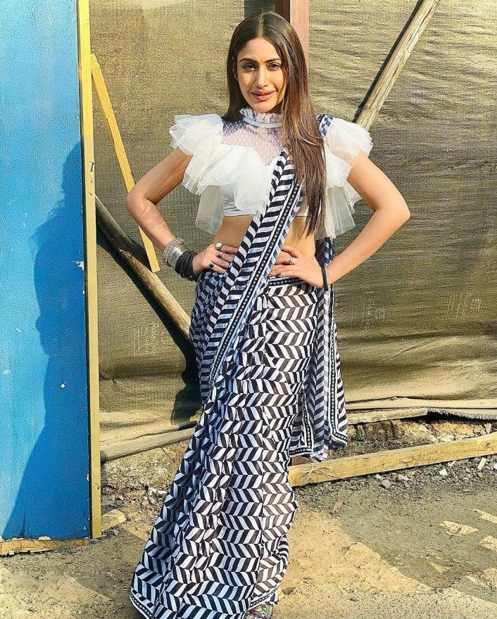 White and black georgette printed saree
