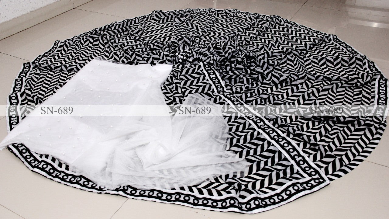White and black georgette printed saree