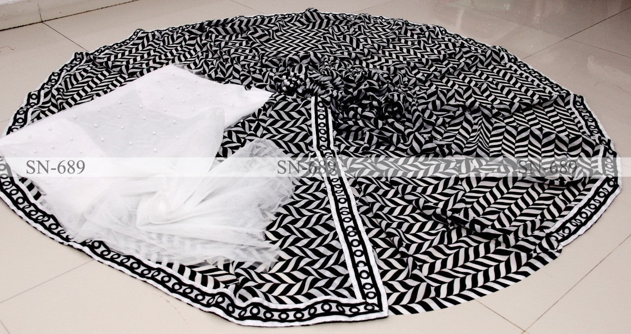 White and black georgette printed saree