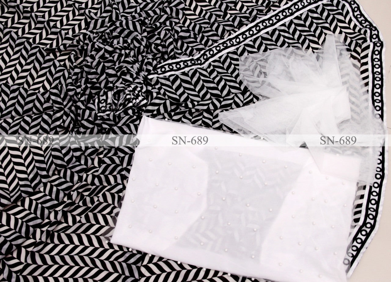 White and black georgette printed saree