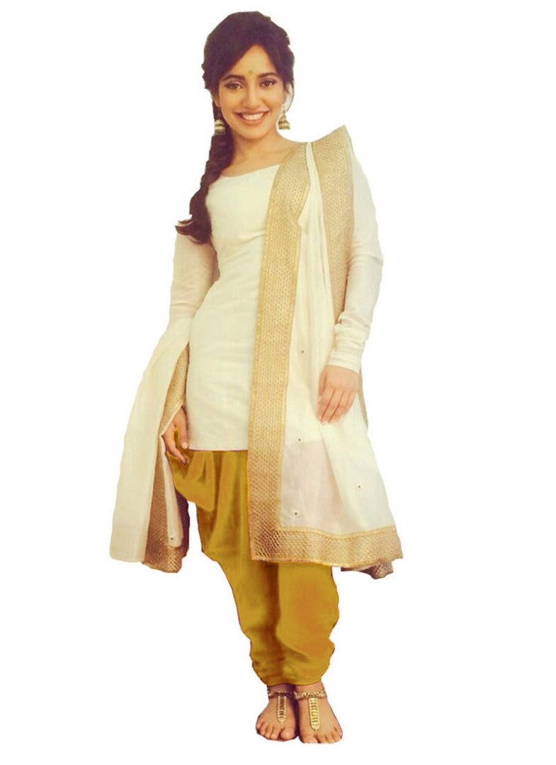 white and gold cotton silk patiala suit