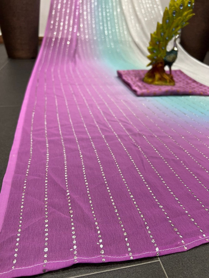 White and pink shaded georgette mukesh work designer saree