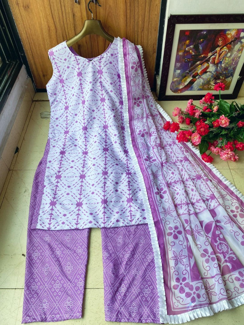 White and purple printed casual pant suit
