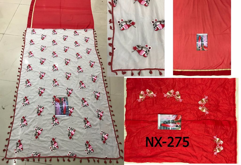 White and red georgtte sparrow embroidered saree
