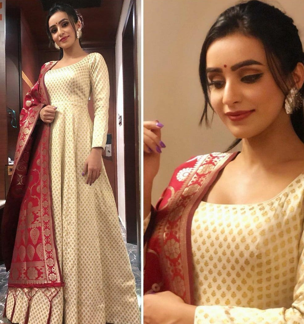 White banarasi jacquard weaving work ceremonial gown