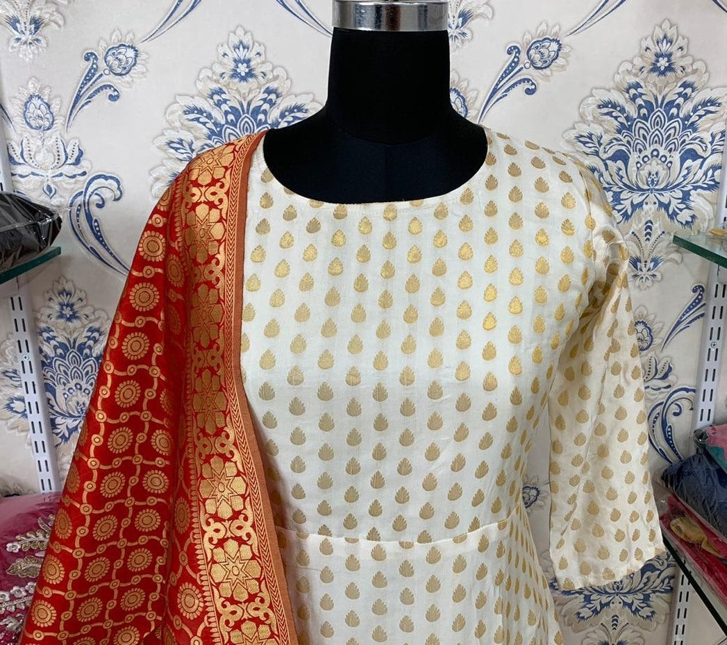 White banarasi jacquard weaving work ceremonial gown