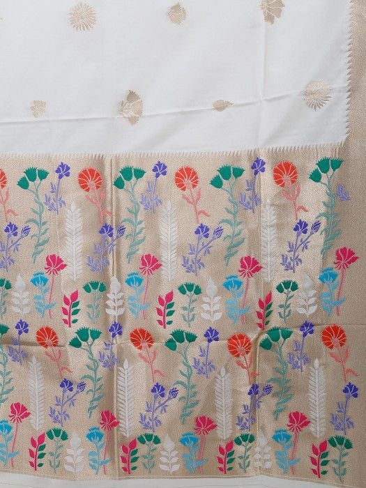 White banarasi shiny silk weaving saree