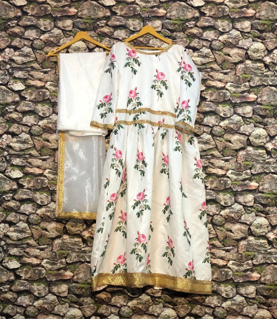 white banglori satin printed ceremonial anarkali suit