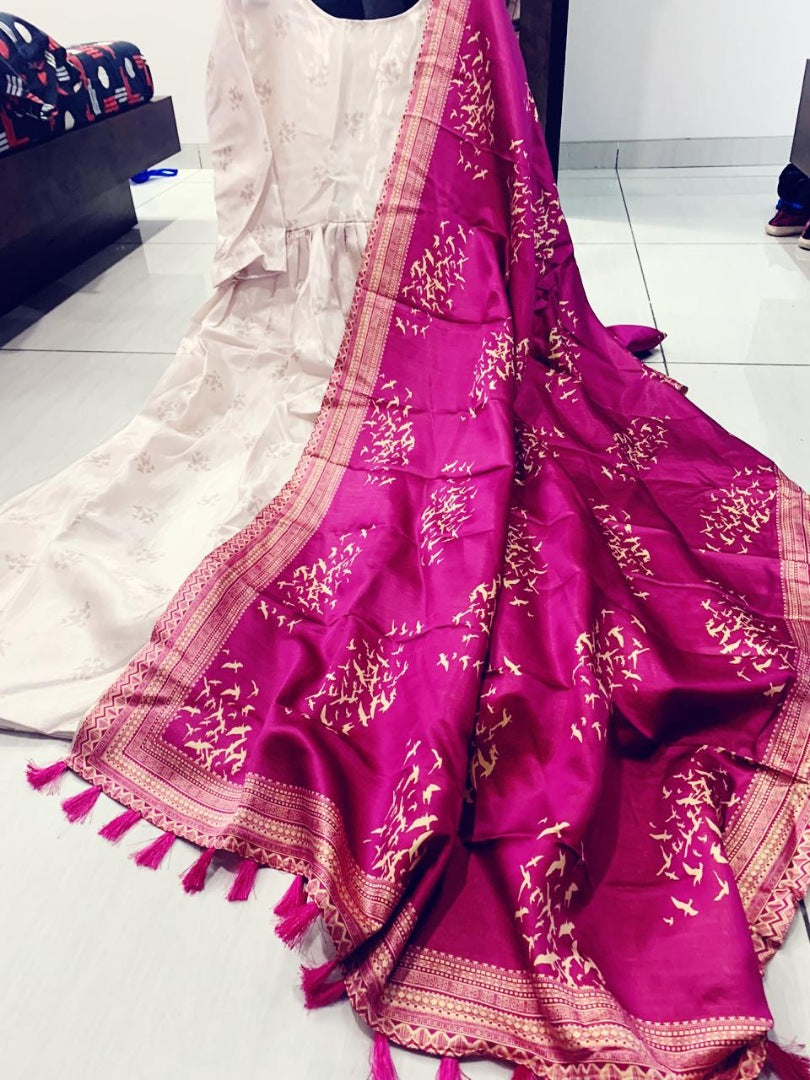 White banglory satin gown with printed dupatta