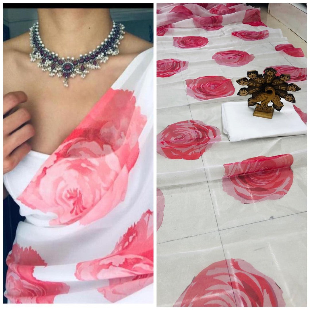 White big rose flower printed organza saree
