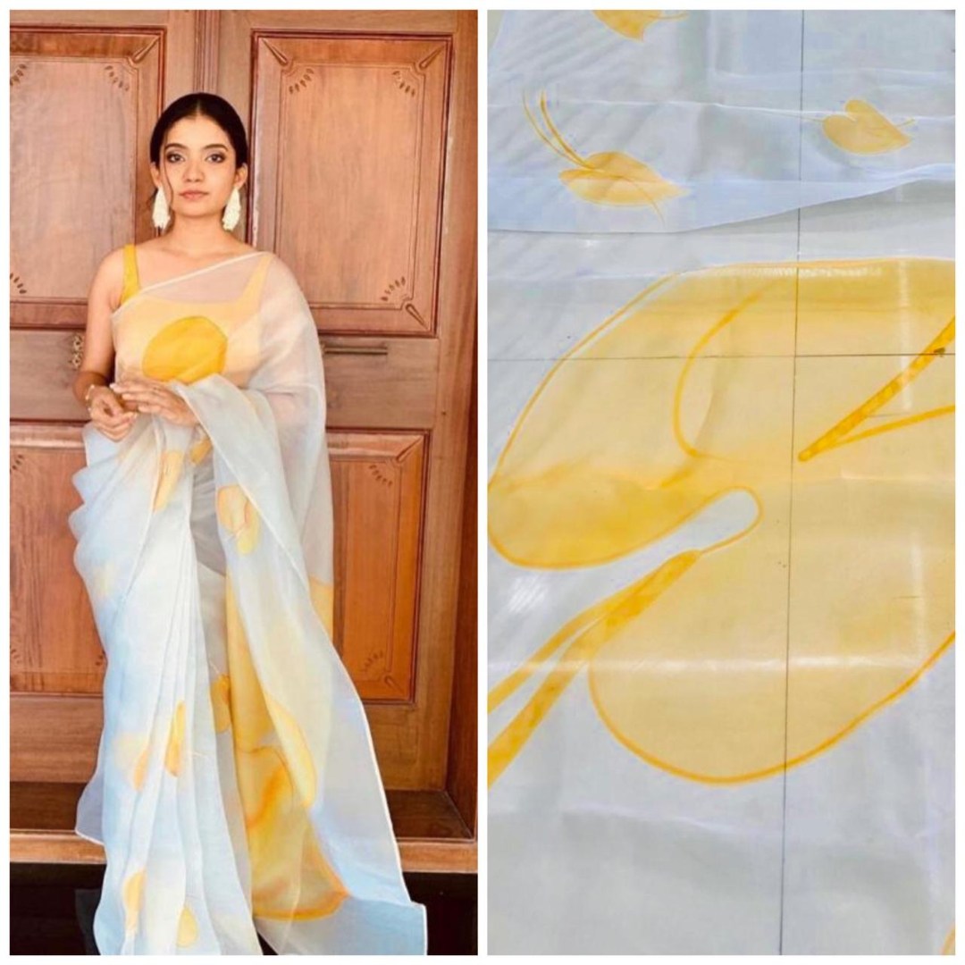 White big yellow leaf printed organza saree