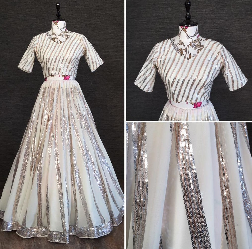 White blooming georgette sequence embroidered lehenga choli