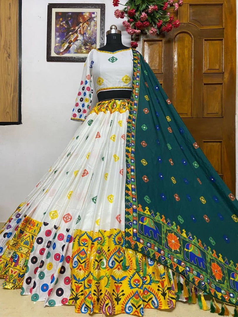 White butter silk digital printed mirror work navratri festival chaniya choli