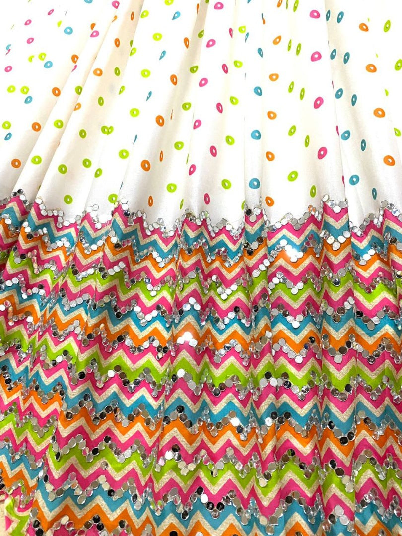 White butter silk print and mirror work navratri festival lehenga choli