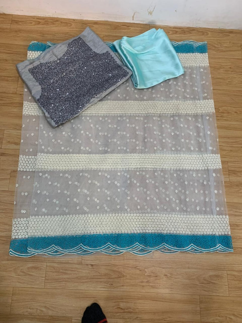 White butterfly net heavy embroidered beautiful partywear saree