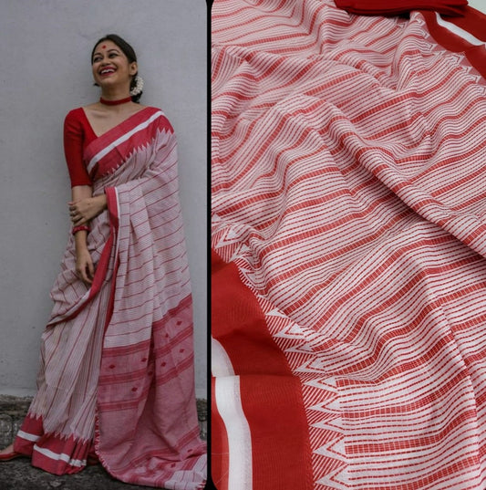 White chanderi linen digital printed work saree