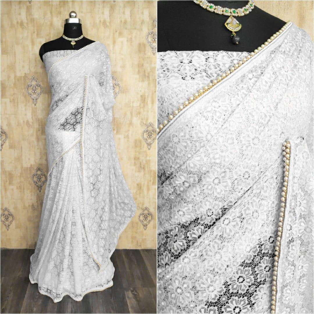 White chantley net pearl work partywear saree