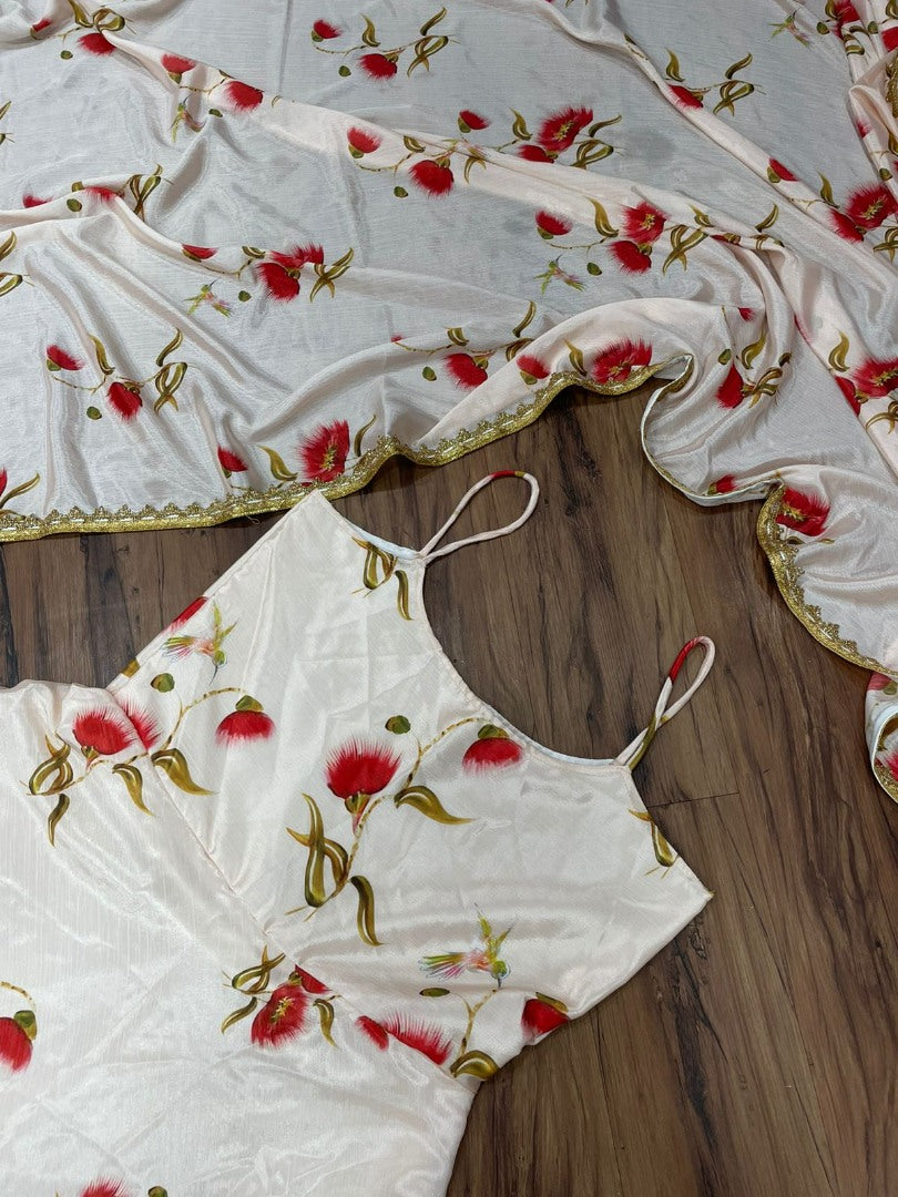 White chinon silk printed gown with dupatta