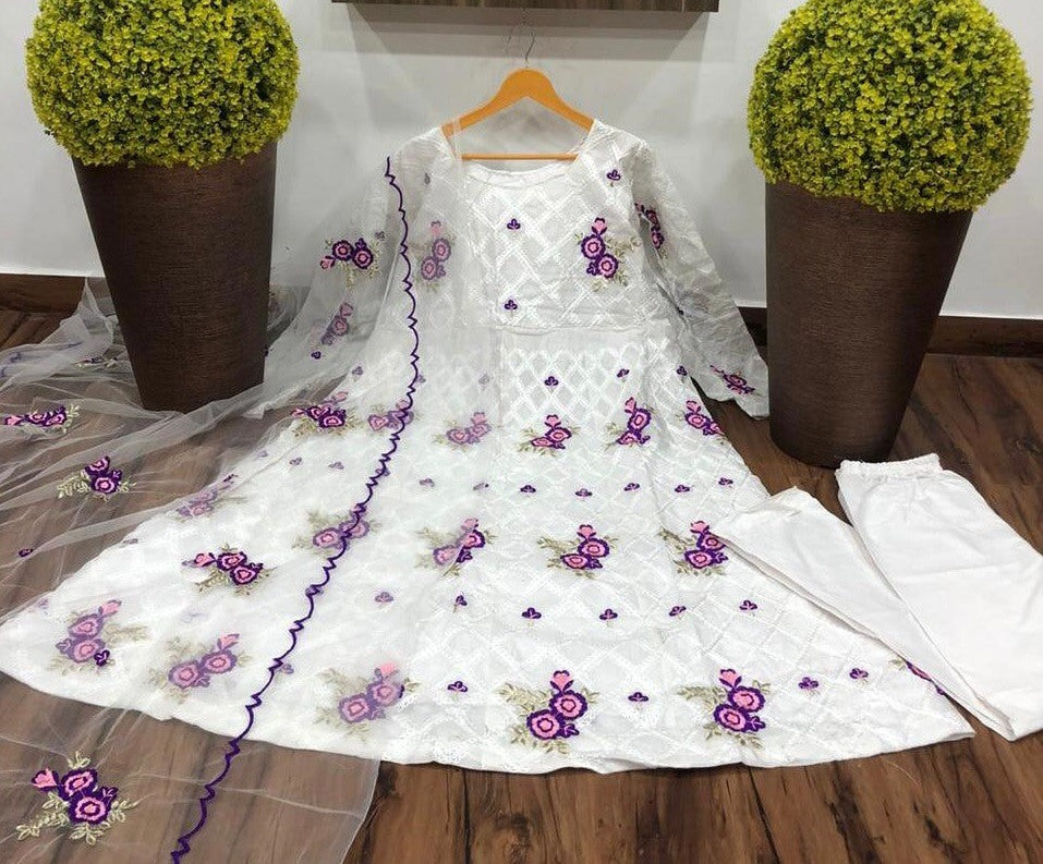 White cotton chainstitch work anarkali suit