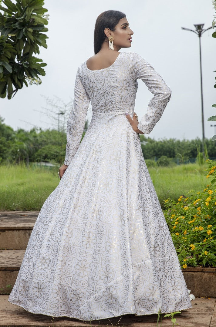 White cotton foil printed party wear anarkali gown