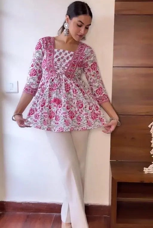 White cotton printed short kurti