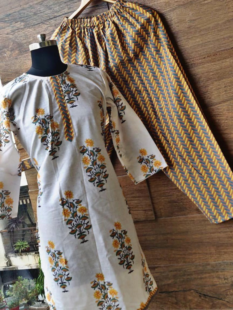white cotton yellow flower printed plazzo kurti