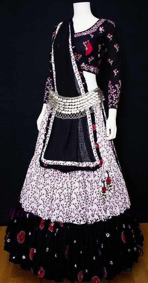 White crepe digital printed ruffle work ceremonial wear lehenga choli