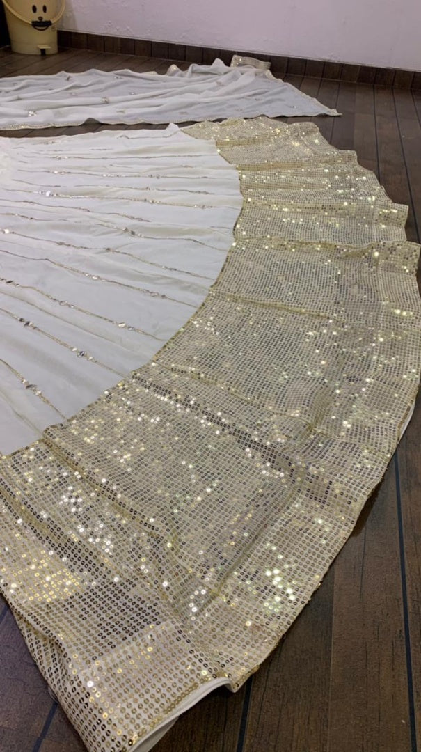 White crystal silk sequence and mirror work ceremonial lehenga choli