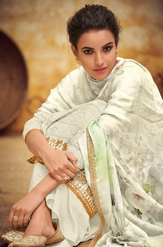 White faux georgette embroidered designer salwar suit