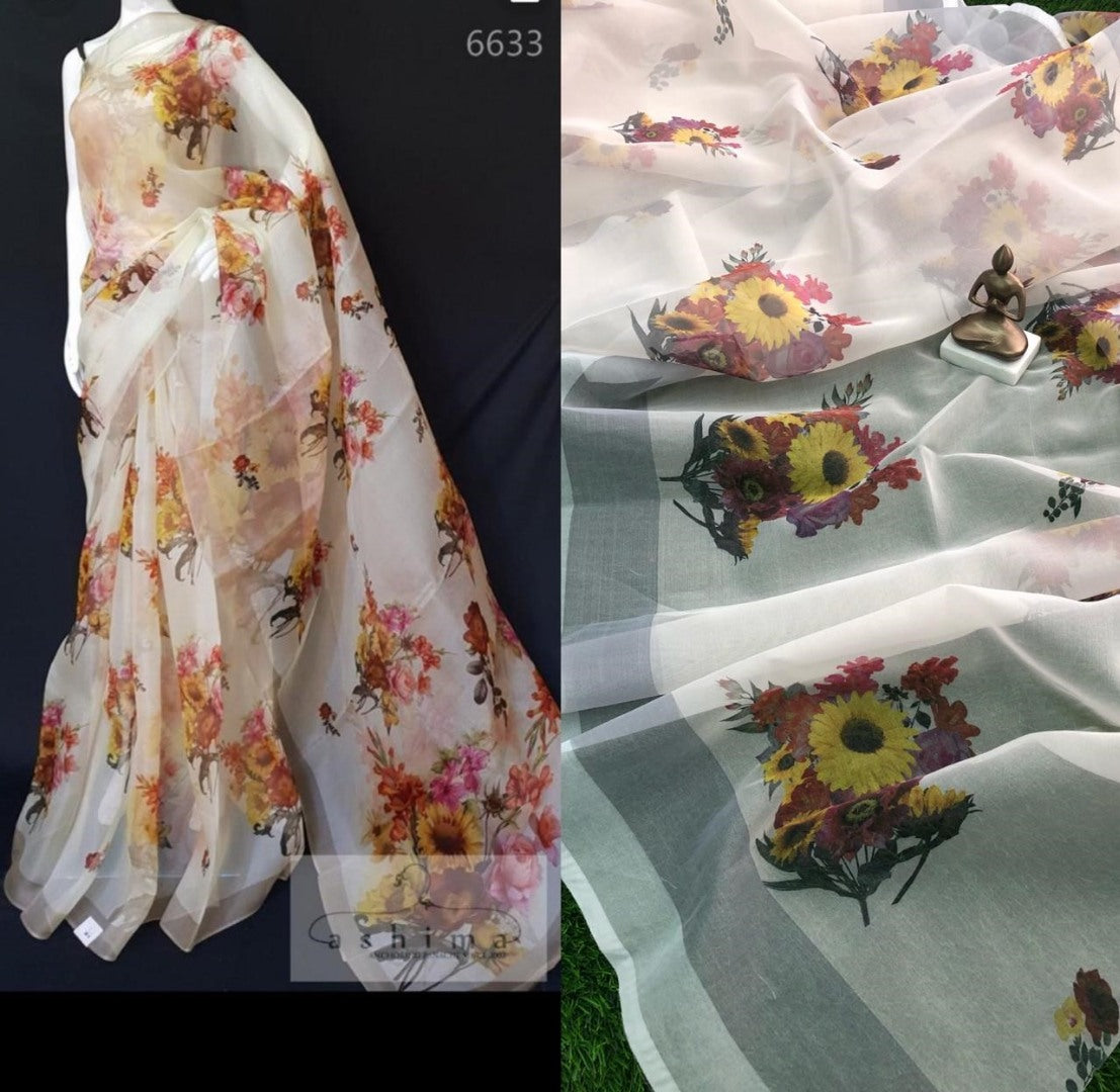 white floral digital printed pure orgenza saree