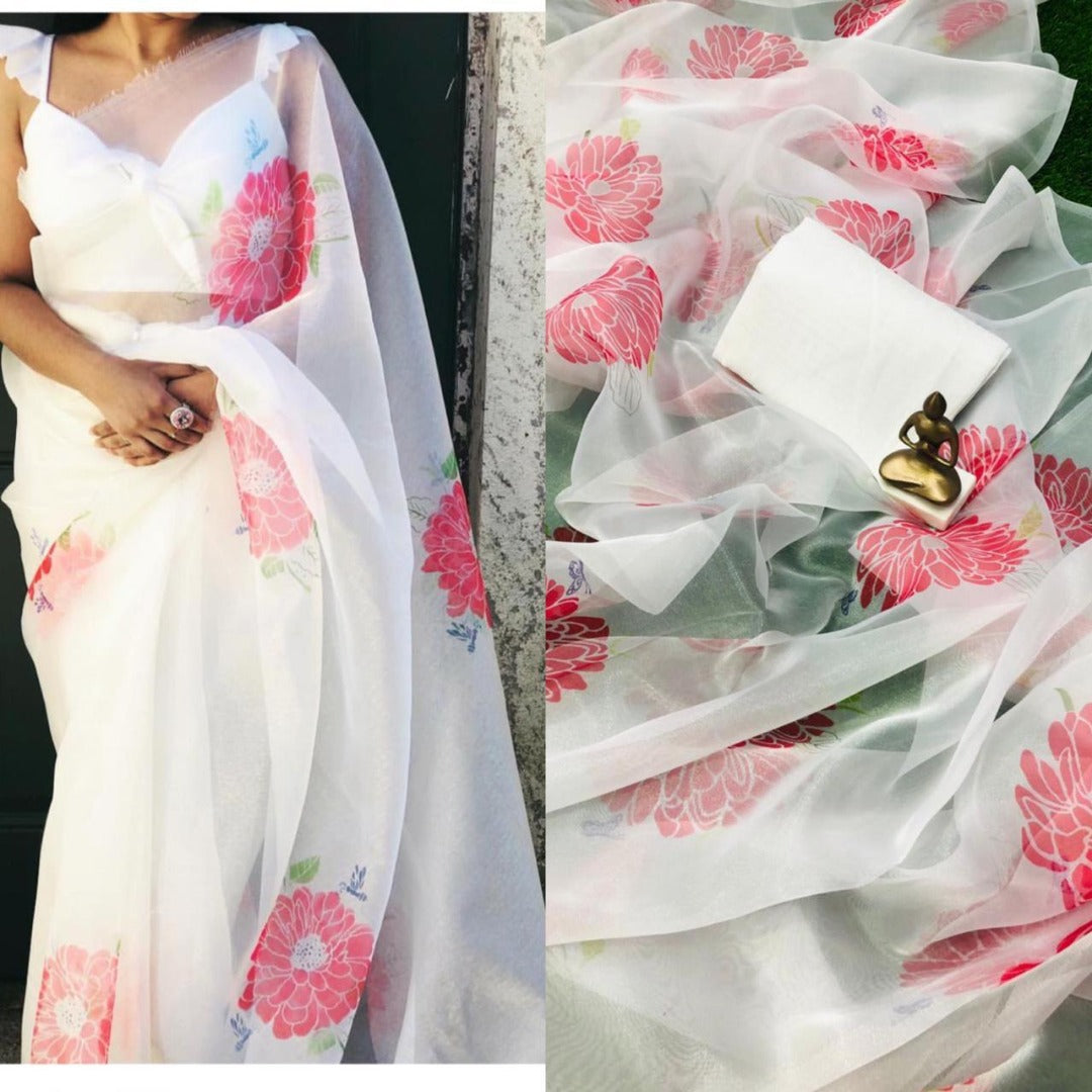 white floral digital printed pure orgenza saree
