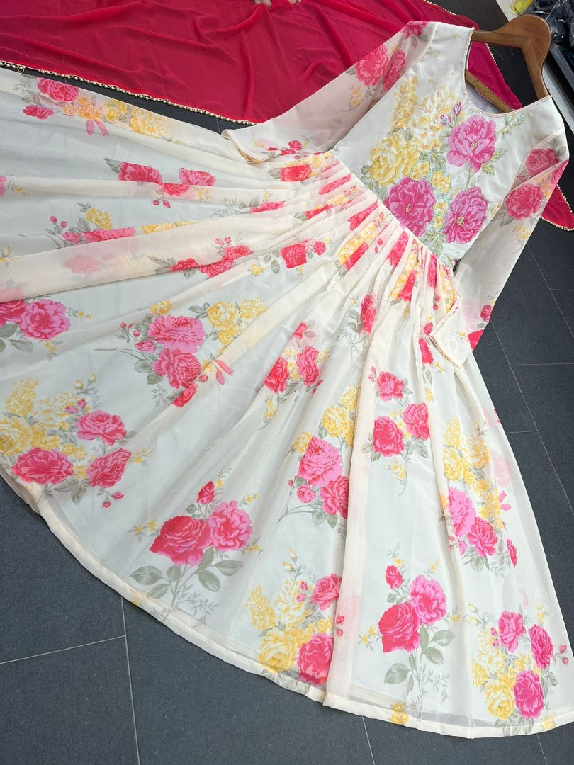 White floral printed anarkali suit