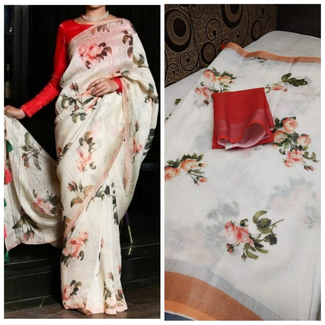 White floral printed linen saree