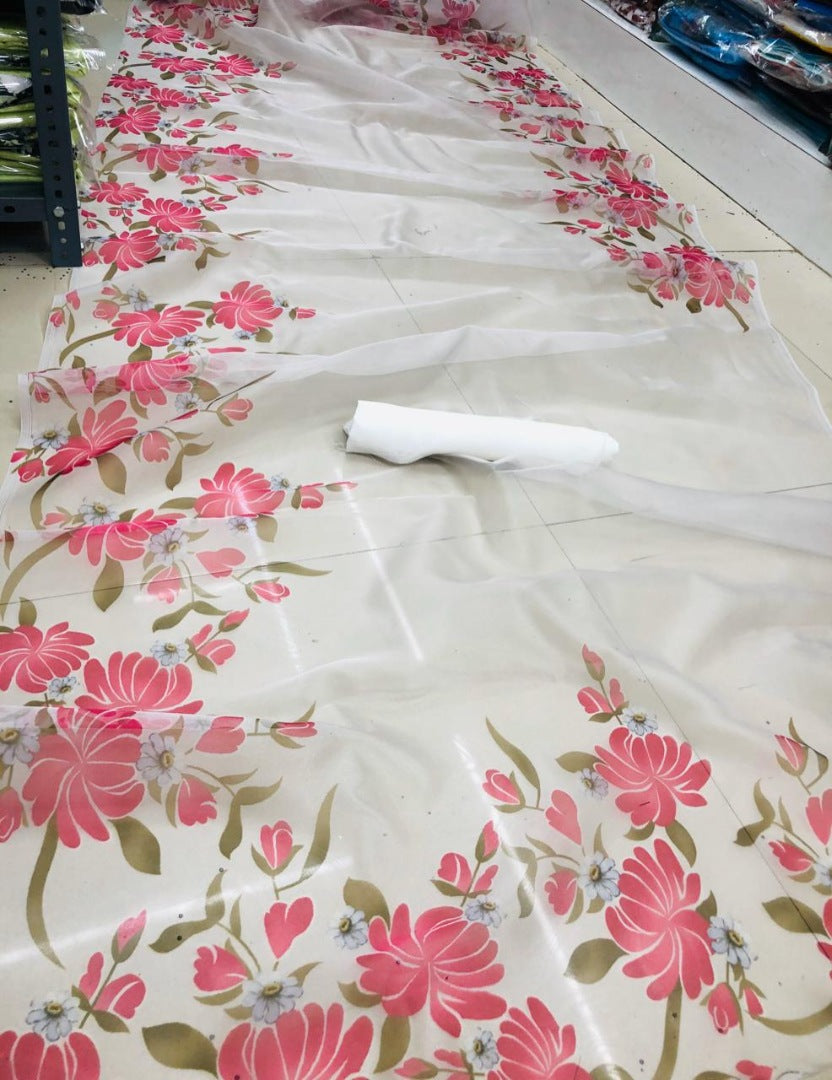 White floral printed organza saree