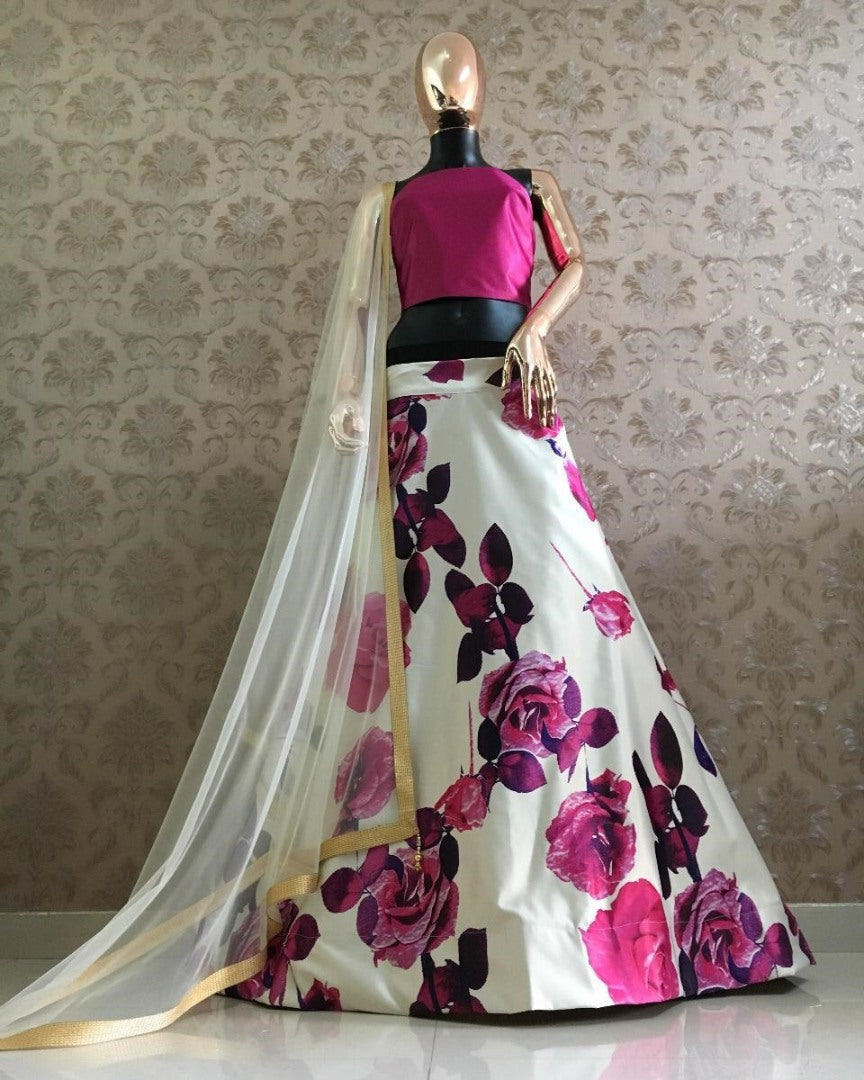 White floral printed zari satin lehenga choli