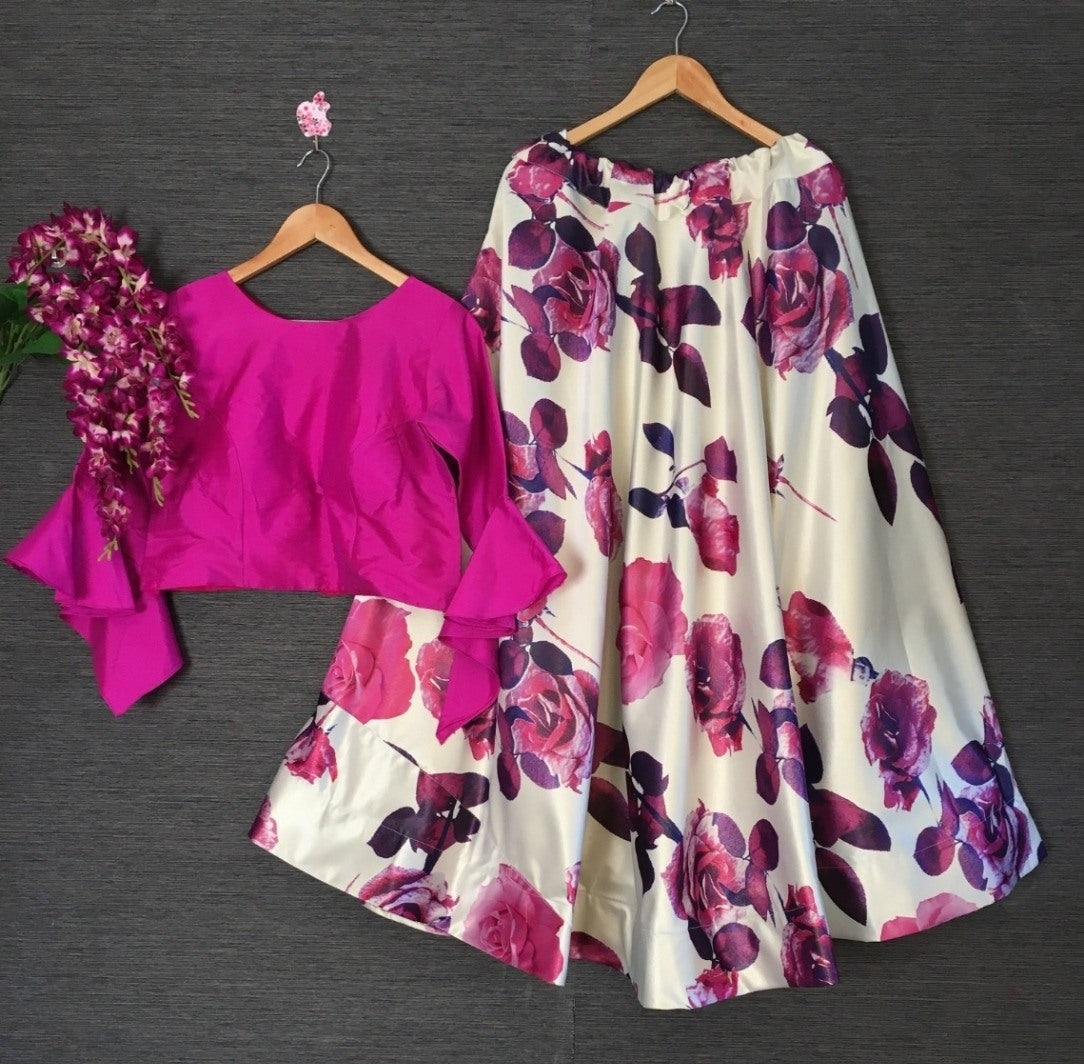 White flower printed crop top lehenga