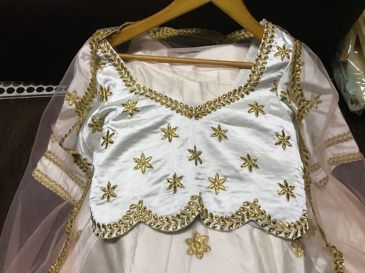 white fusing japan satin embroidered wedding lehenga